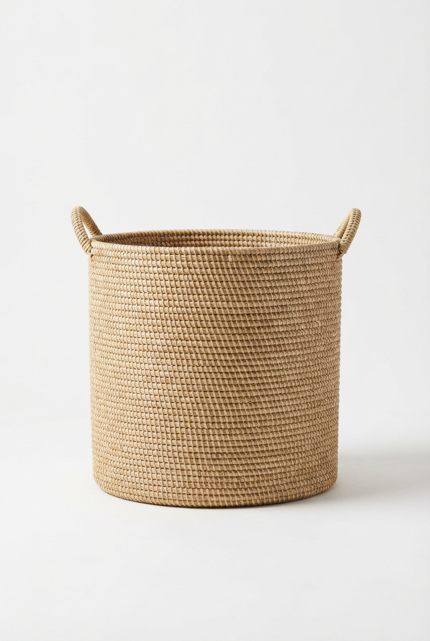 Beige woven storage basket in warm, minimalist studio setting