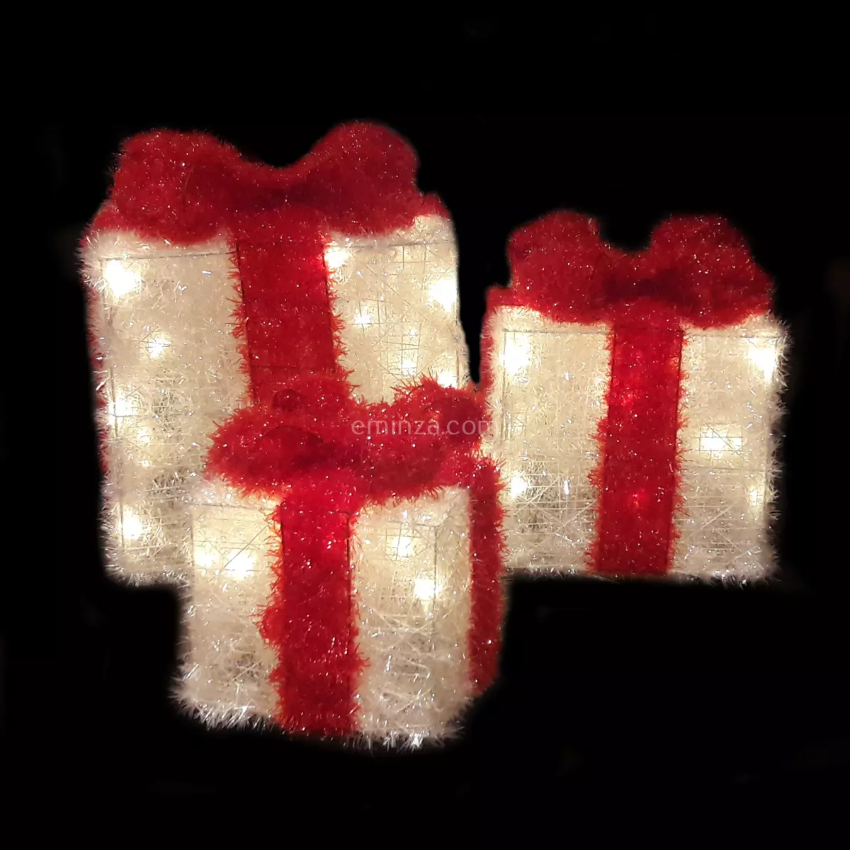 Lot de 3 cadeaux lumineux à piles 65 LED (H30 cm) Ruban Rouge et Blanc chaud