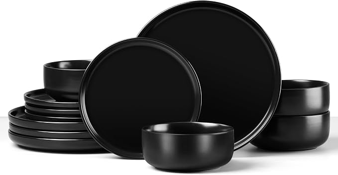 12 Piece Stoneware Dinnerware Service for 4, Elegant Matte Glaze Dining Ware Include Plates and Bowls, Chip and Scratch Resistant, Microwave & Dishwasher Safe, Matte Black-Coolskitchenstore