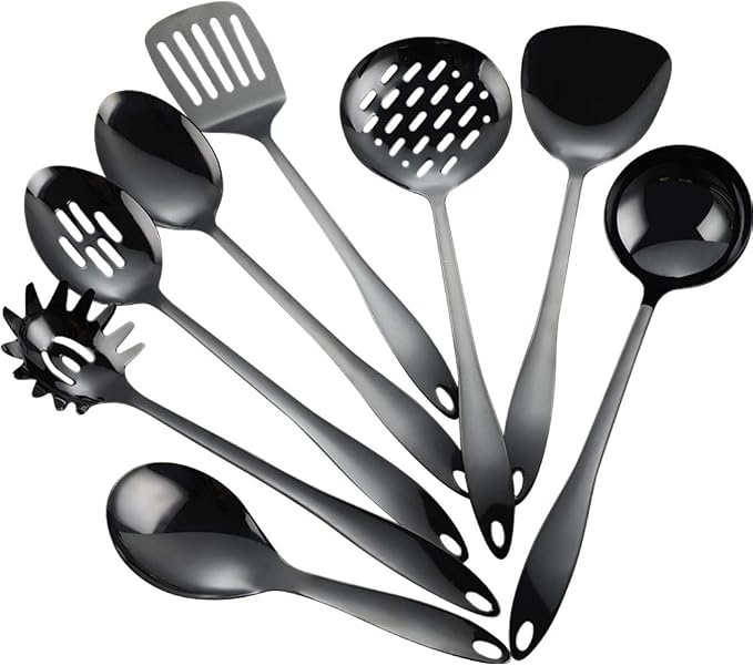 8 Piece Stainless Steel Kitchen Utensil Set Black Nonstick Cooking Utenisls Titanium Plated Kitchen Tools Gadgets Slotted Spatula Spoon Turner Ladle Dishwasher Safe-Coolskitchenstore
