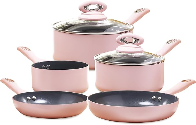 Blush Pink 5-Piece Ceramic Cookware Set - Includes 2X Frying Pans and 3X Saucepans with Grey Sparkle Ceramic Non-Stick Coating - Compatible for All Types of Hobs - PTFE and PFOA Free-Coolskitchenstore