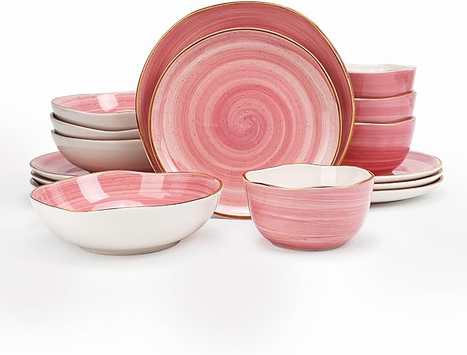 Highland 16-Piece Dinnerware Set Service for 4, Organic Shape Stoneware Plates and Bowls Set, Scratch Resistant, Microwave and Dishwasher Safe, Speckled Effect Handcrafted, Swirl Pink-Coolskitchenstore