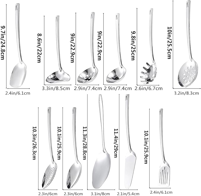 304 Stainlss Steel Kitchen Utensils Set, 11 Pcs Long Metal Cooking Utensil Gadgets Tools Set with Spatula, Spoon, Ladle, Skimmer, Tunner, Pasta Server, Tongs(Mirror Polished, Dishwasher Safe)-Coolskitchenstore