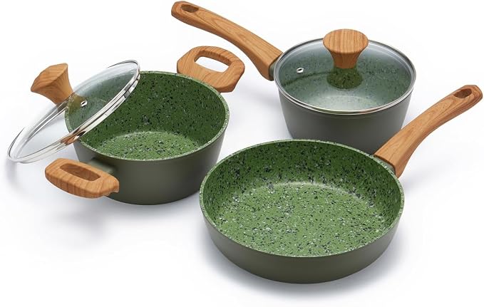 5pc Non‑Stick Cookware Set 24cm Pan Saucepan Stockpot w/Lids Green-Coolskitchenstore