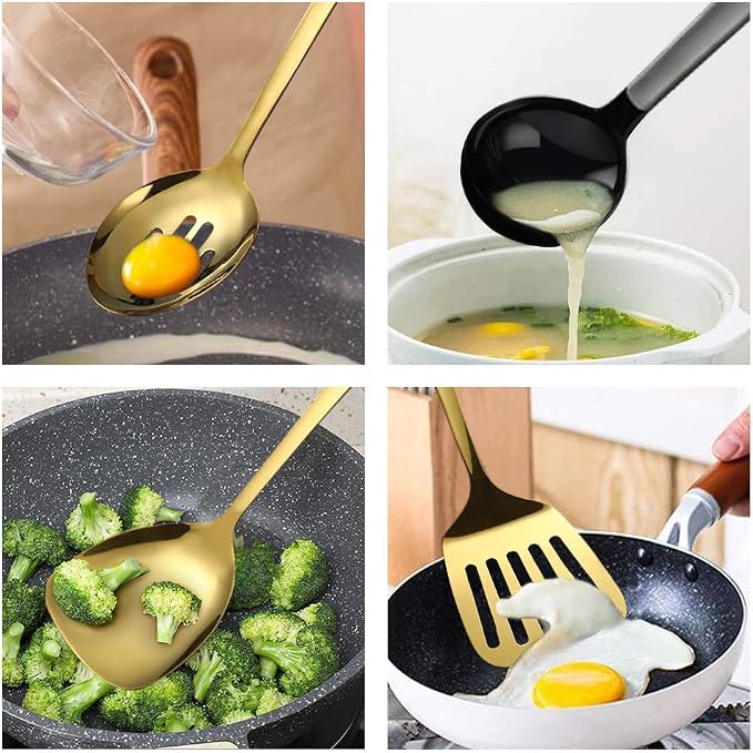 8 Piece Stainless Steel Kitchen Utensil Set Black Nonstick Cooking Utenisls Titanium Plated Kitchen Tools Gadgets Slotted Spatula Spoon Turner Ladle Dishwasher Safe-Coolskitchenstore