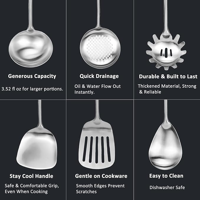 304 Stainless Steel Kitchen Utensils Set 11 Pcs Cooking Utensil, Spatula, Soup spoon, Leaking shovel, Kitchen Tools Set (Stainless Steel - 11Pack)-Coolskitchenstore