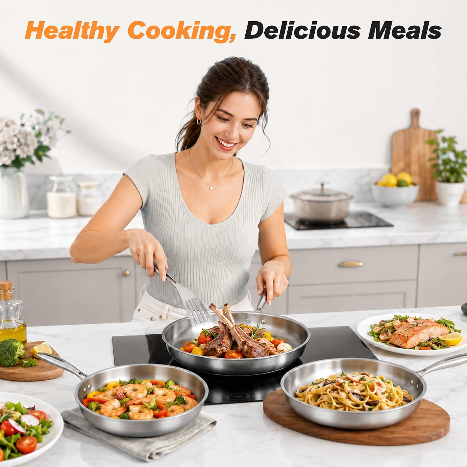 Stainless Steel 3PCS Frying Pan for Searing & Sauteing, 3 Ply Cookware for Durability & Even Heating and Oven Safe-Coolskitchenstore
