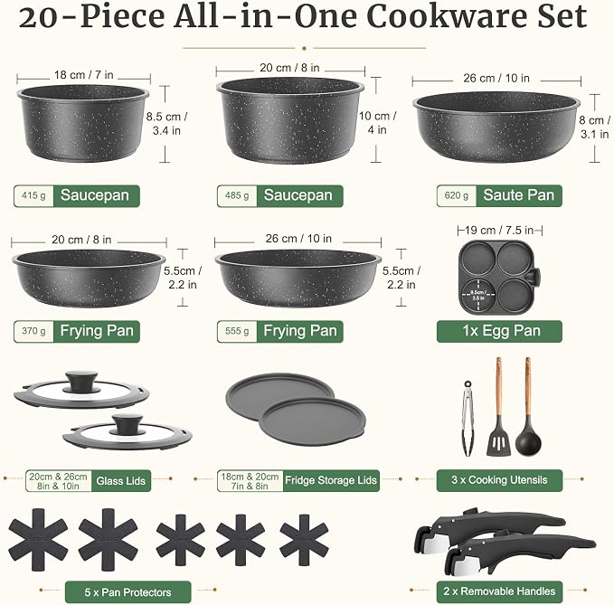 20Pcs Nonstick Cookware Set with Detachable Handles, Oven Safe-Coolskitchenstore