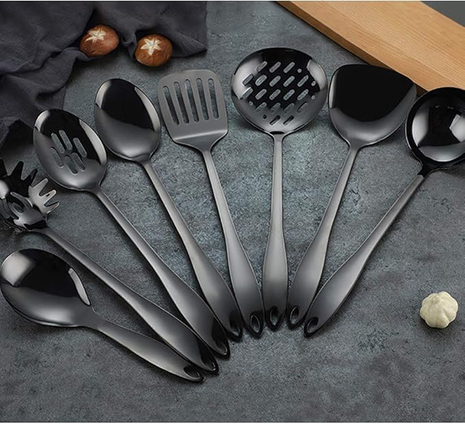 8 Piece Stainless Steel Kitchen Utensil Set Black Nonstick Cooking Utenisls Titanium Plated Kitchen Tools Gadgets Slotted Spatula Spoon Turner Ladle Dishwasher Safe-Coolskitchenstore