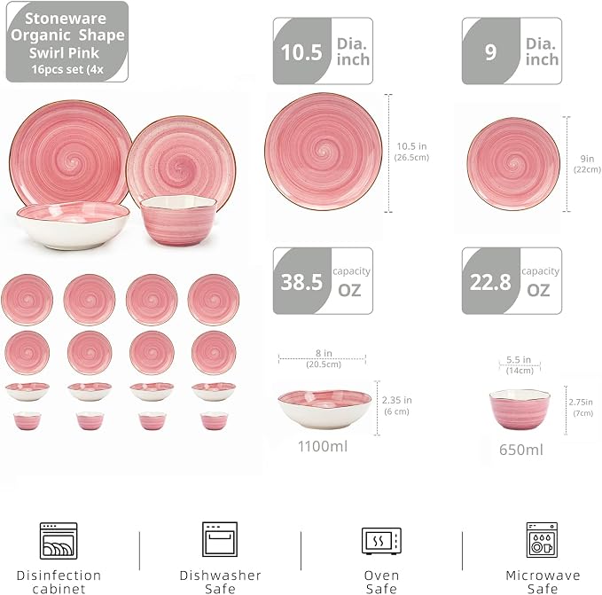 Highland 16-Piece Dinnerware Set Service for 4, Organic Shape Stoneware Plates and Bowls Set, Scratch Resistant, Microwave and Dishwasher Safe, Speckled Effect Handcrafted, Swirl Pink-Coolskitchenstore