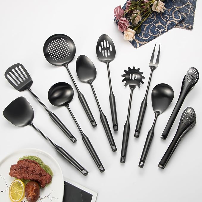 304 Stainlss Steel Kitchen Utensils Set, 11 Pcs Long Metal Cooking Utensil Gadgets Tools Set with Spatula, Ladle, Spoon, Ladle, Skimmer, Tunner, Pasta Server, Tongs(Black, Dishwasher Safe)-Coolskitchenstore