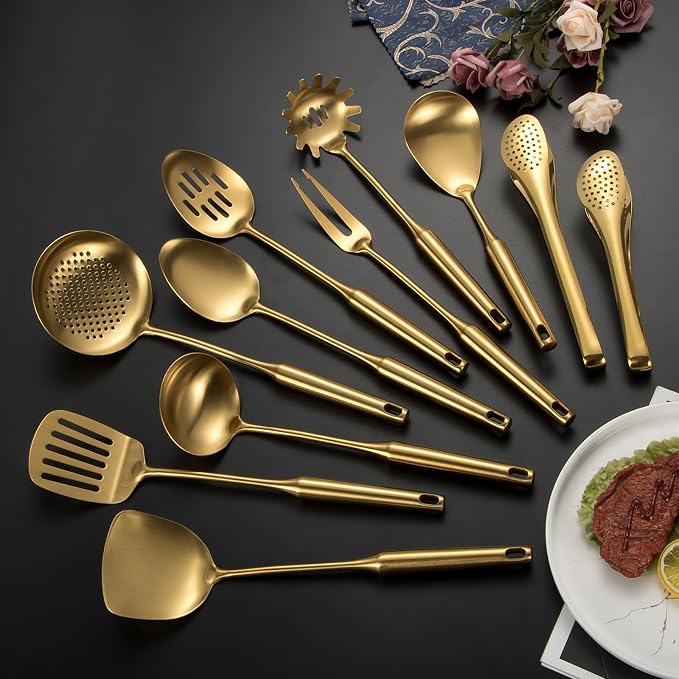 304 Stainlss Steel Matte Kitchen Utensils Set, 11 Pcs Long Metal Cooking Utensil Gadgets Tools Set with Spatula, Spoon, Ladle, Skimmer, Tunner, Pasta Server, Tongs(Gold, Dishwasher Safe)-Coolskitchenstore