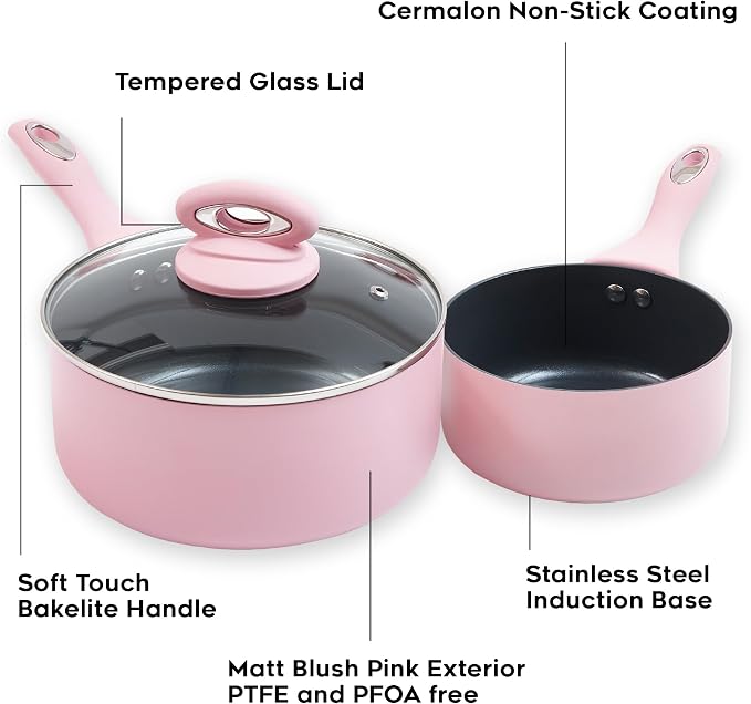 Blush Pink 5-Piece Ceramic Cookware Set - Includes 2X Frying Pans and 3X Saucepans with Grey Sparkle Ceramic Non-Stick Coating - Compatible for All Types of Hobs - PTFE and PFOA Free-Coolskitchenstore