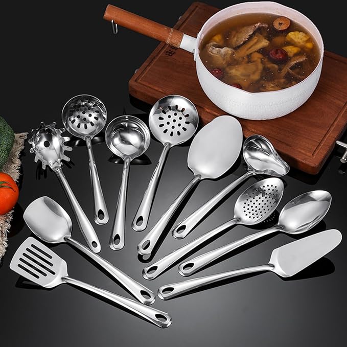 304 Stainlss Steel Kitchen Utensils Set, 11 Pcs Long Metal Cooking Utensil Gadgets Tools Set with Spatula, Spoon, Ladle, Skimmer, Tunner, Pasta Server, Tongs(Mirror Polished, Dishwasher Safe)-Coolskitchenstore