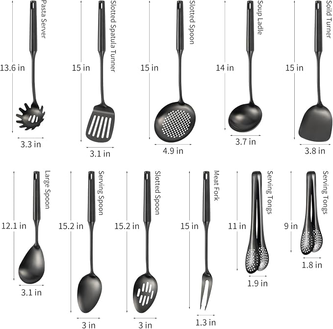 304 Stainlss Steel Kitchen Utensils Set, 11 Pcs Long Metal Cooking Utensil Gadgets Tools Set with Spatula, Ladle, Spoon, Ladle, Skimmer, Tunner, Pasta Server, Tongs(Black, Dishwasher Safe)-Coolskitchenstore