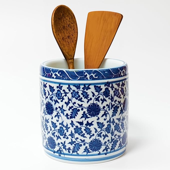 Kitchen Utensil Holder for Kitchen Countertop, Cooking Utensils Holder, Large Utensil Crock, Ceramic Spatula Holder for Counter, Kitchen Tool Holder, Blue and White-Coolskitchenstore