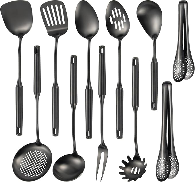 304 Stainlss Steel Kitchen Utensils Set, 11 Pcs Long Metal Cooking Utensil Gadgets Tools Set with Spatula, Ladle, Spoon, Ladle, Skimmer, Tunner, Pasta Server, Tongs(Black, Dishwasher Safe)-Coolskitchenstore