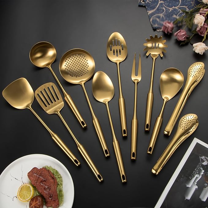 304 Stainlss Steel Matte Kitchen Utensils Set, 11 Pcs Long Metal Cooking Utensil Gadgets Tools Set with Spatula, Spoon, Ladle, Skimmer, Tunner, Pasta Server, Tongs(Gold, Dishwasher Safe)-Coolskitchenstore
