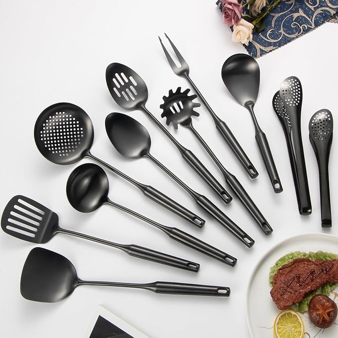 304 Stainlss Steel Kitchen Utensils Set, 11 Pcs Long Metal Cooking Utensil Gadgets Tools Set with Spatula, Ladle, Spoon, Ladle, Skimmer, Tunner, Pasta Server, Tongs(Black, Dishwasher Safe)-Coolskitchenstore