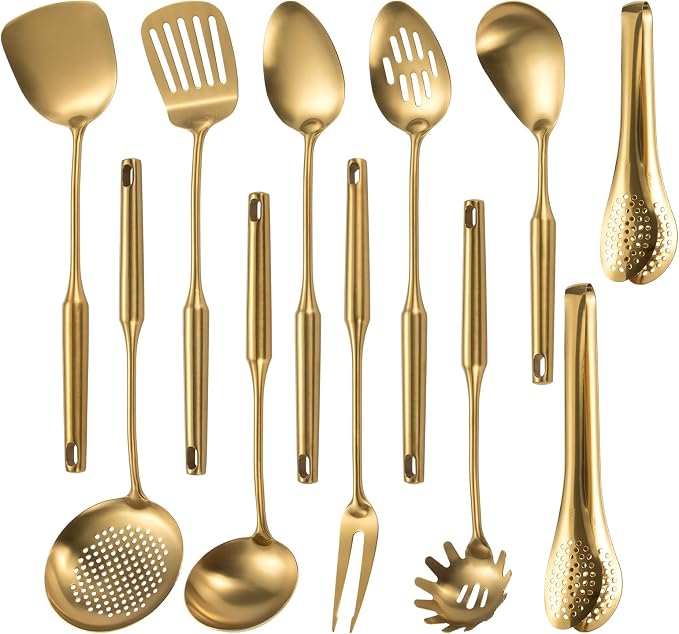 304 Stainlss Steel Matte Kitchen Utensils Set, 11 Pcs Long Metal Cooking Utensil Gadgets Tools Set with Spatula, Spoon, Ladle, Skimmer, Tunner, Pasta Server, Tongs(Gold, Dishwasher Safe)-Coolskitchenstore