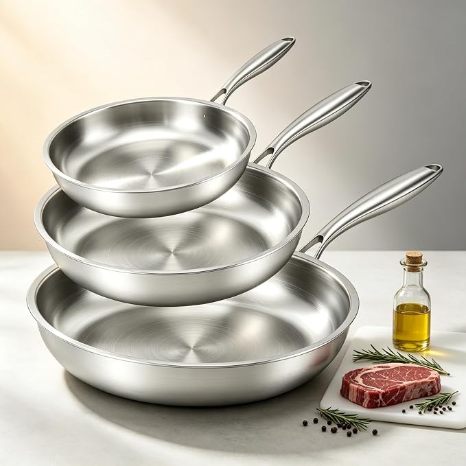 Stainless Steel 3PCS Frying Pan for Searing & Sauteing, 3 Ply Cookware for Durability & Even Heating and Oven Safe-Coolskitchenstore