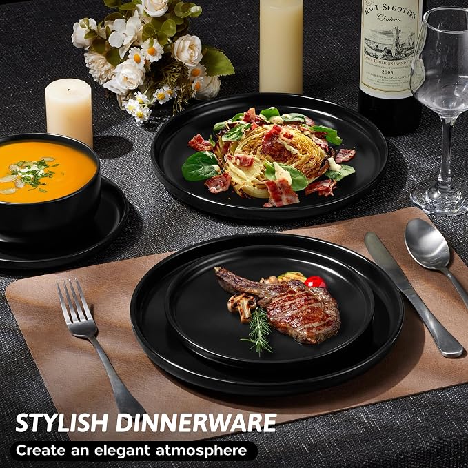 12 Piece Stoneware Dinnerware Service for 4, Elegant Matte Glaze Dining Ware Include Plates and Bowls, Chip and Scratch Resistant, Microwave & Dishwasher Safe, Matte Black-Coolskitchenstore