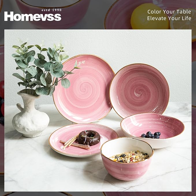 Highland 16-Piece Dinnerware Set Service for 4, Organic Shape Stoneware Plates and Bowls Set, Scratch Resistant, Microwave and Dishwasher Safe, Speckled Effect Handcrafted, Swirl Pink-Coolskitchenstore