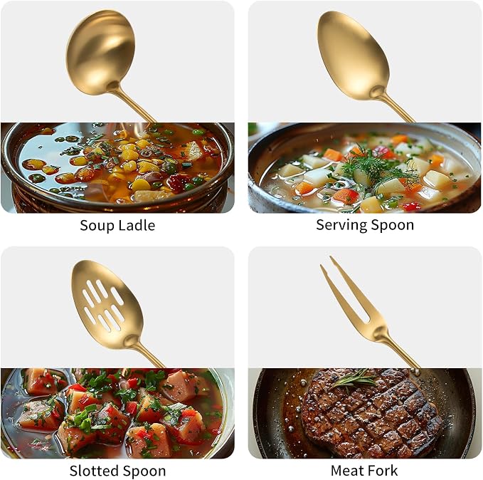304 Stainlss Steel Matte Kitchen Utensils Set, 11 Pcs Long Metal Cooking Utensil Gadgets Tools Set with Spatula, Spoon, Ladle, Skimmer, Tunner, Pasta Server, Tongs(Gold, Dishwasher Safe)-Coolskitchenstore