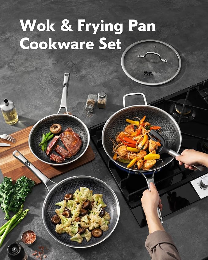 Wok 30cm & Frying Pan 24+28cm, Hybrid Wok Non Stick & Frying Pan Set-Coolskitchenstore