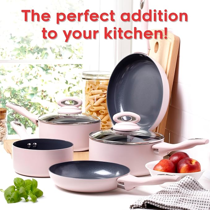 Blush Pink 5-Piece Ceramic Cookware Set - Includes 2X Frying Pans and 3X Saucepans with Grey Sparkle Ceramic Non-Stick Coating - Compatible for All Types of Hobs - PTFE and PFOA Free-Coolskitchenstore