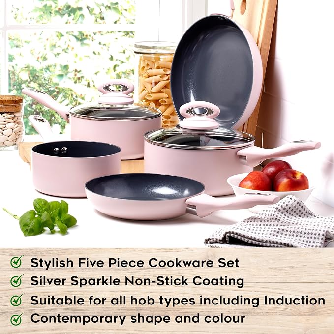 Blush Pink 5-Piece Ceramic Cookware Set - Includes 2X Frying Pans and 3X Saucepans with Grey Sparkle Ceramic Non-Stick Coating - Compatible for All Types of Hobs - PTFE and PFOA Free-Coolskitchenstore