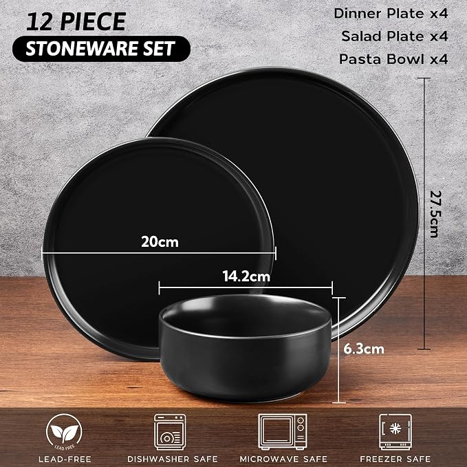 12 Piece Stoneware Dinnerware Service for 4, Elegant Matte Glaze Dining Ware Include Plates and Bowls, Chip and Scratch Resistant, Microwave & Dishwasher Safe, Matte Black-Coolskitchenstore