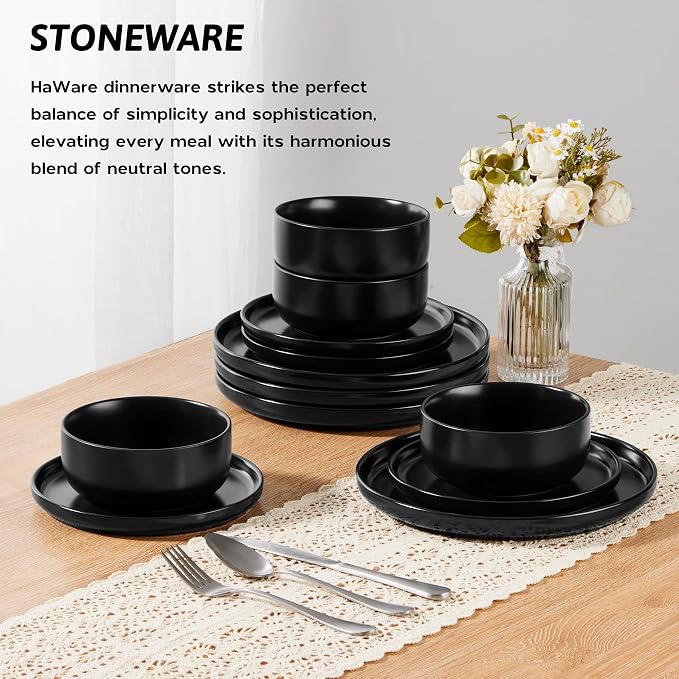 12 Piece Stoneware Dinnerware Service for 4, Elegant Matte Glaze Dining Ware Include Plates and Bowls, Chip and Scratch Resistant, Microwave & Dishwasher Safe, Matte Black-Coolskitchenstore