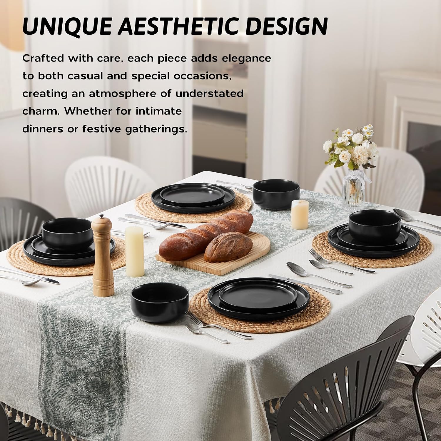 12 Piece Stoneware Dinnerware Service for 4, Elegant Matte Glaze Dining Ware Include Plates and Bowls, Chip and Scratch Resistant, Microwave & Dishwasher Safe, Matte Black-Coolskitchenstore