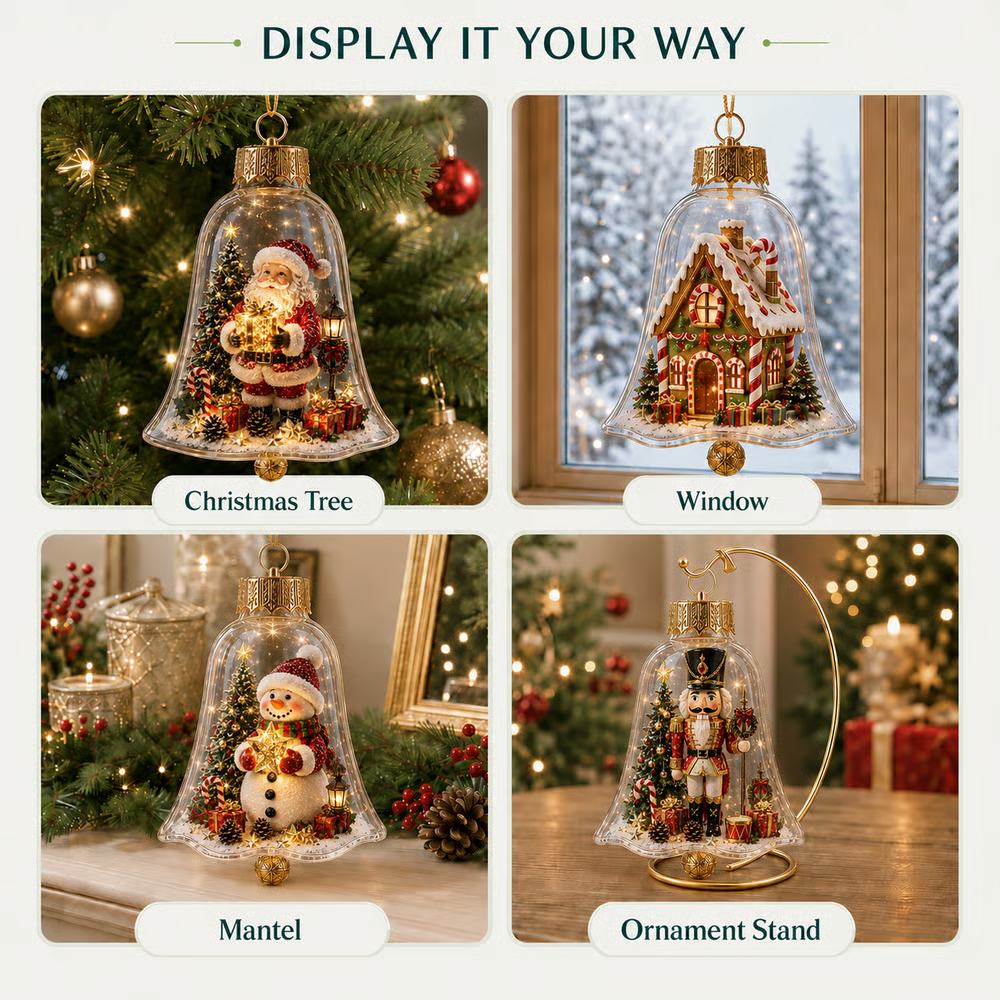 🔔 Light-Up Christmas Bell Ornament – 8 Storybook Scenes 🎄