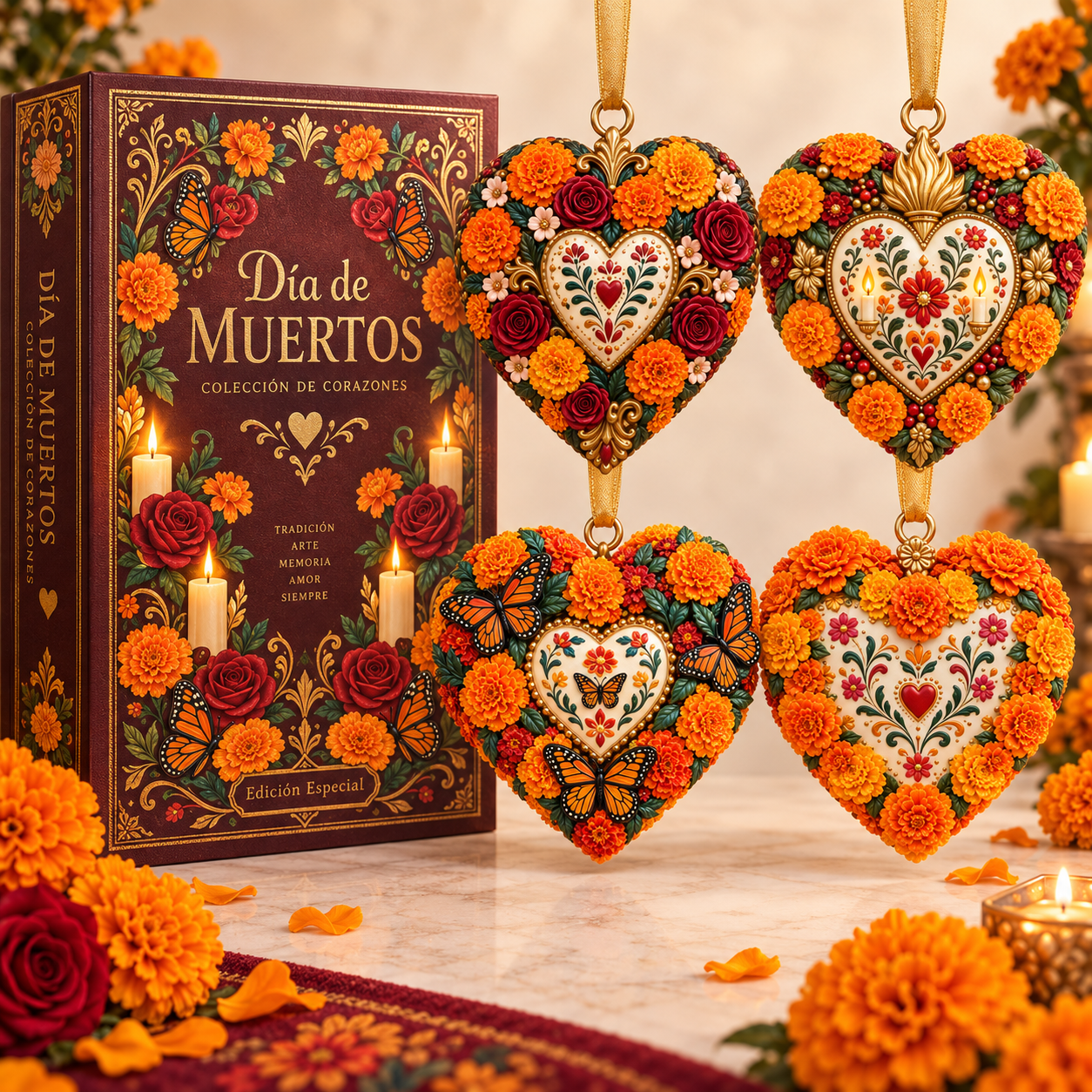 Día de Muertos Marigold Heart Ornament  – Floral Hanging Keepsake Collection, Meaningful Day of the Dead Gift for Family & Loved Ones