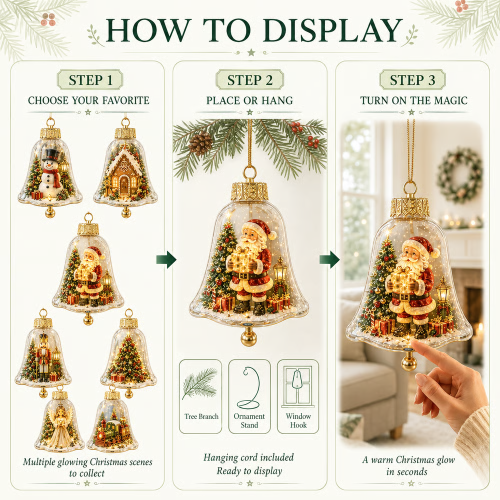 🔔 Light-Up Christmas Bell Ornament – 8 Storybook Scenes 🎄