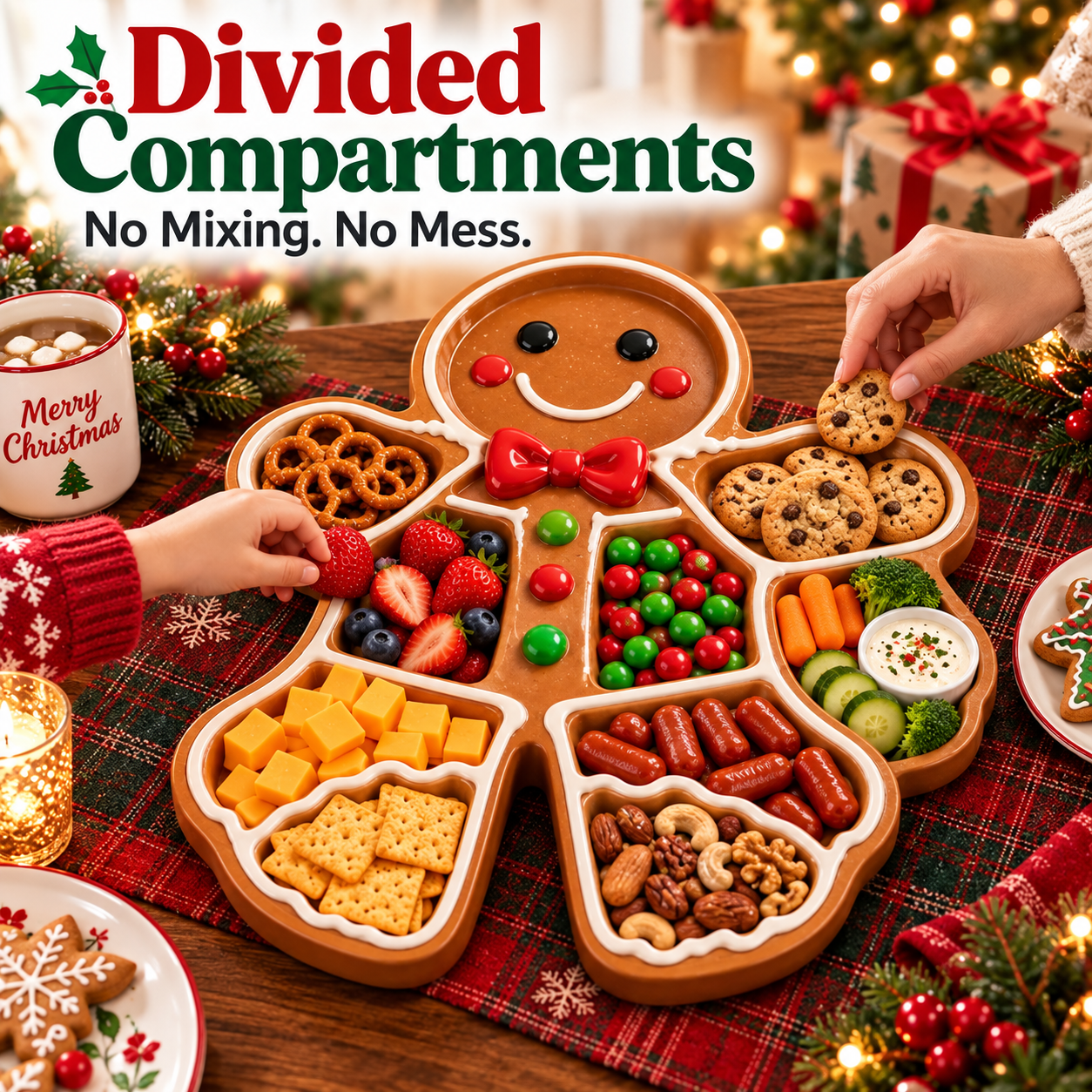 🎄 Christmas Character Snack Tray – 6 Compartments, Fun Holiday Shapes