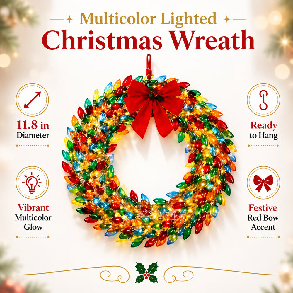 Multicolor Lighted Christmas Bulb Wreath