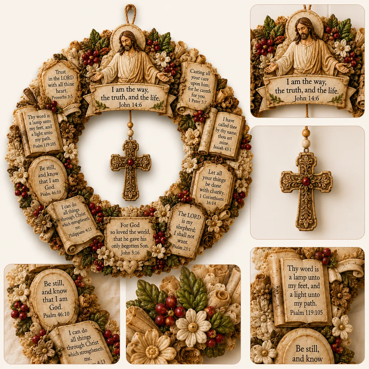 Christian wreath with vintage floral accents Christian wreath with vintage floral accents