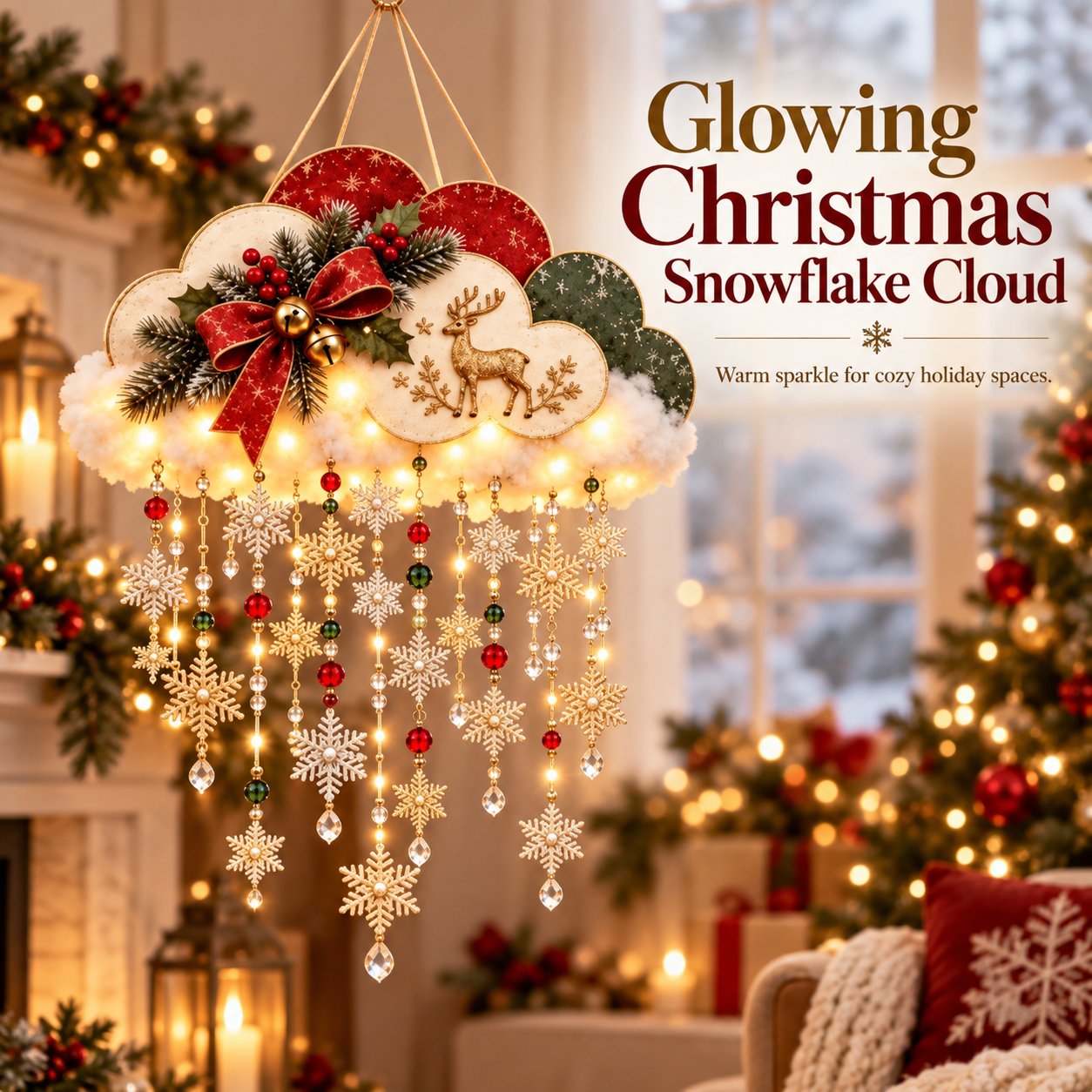 Lighted Christmas Snowflake Cloud with Reindeer