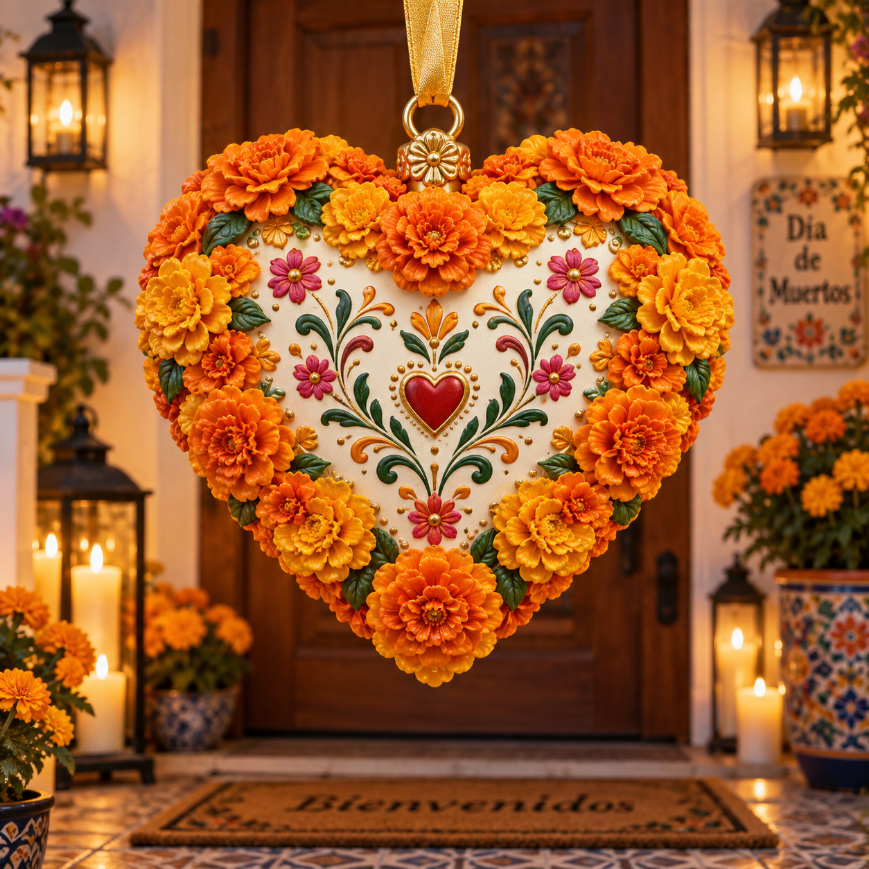 Día de Muertos Marigold Heart Ornament  – Floral Hanging Keepsake Collection, Meaningful Day of the Dead Gift for Family & Loved Ones