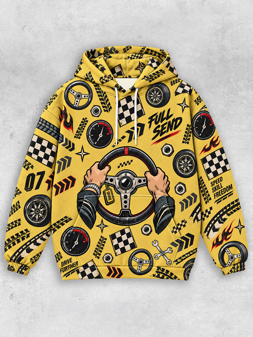 Grinram Race Steering Wheel Checkered Flag All-Over Print Hoodie