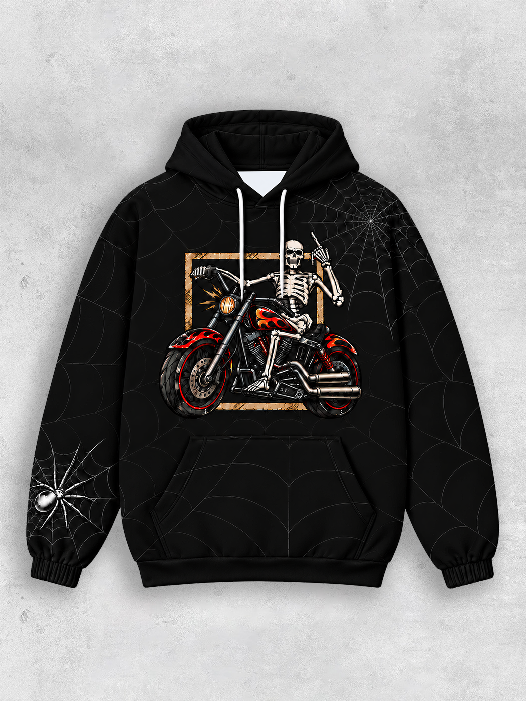 Grinram Skeleton Biker Spider Web All-Over Print Hoodie
