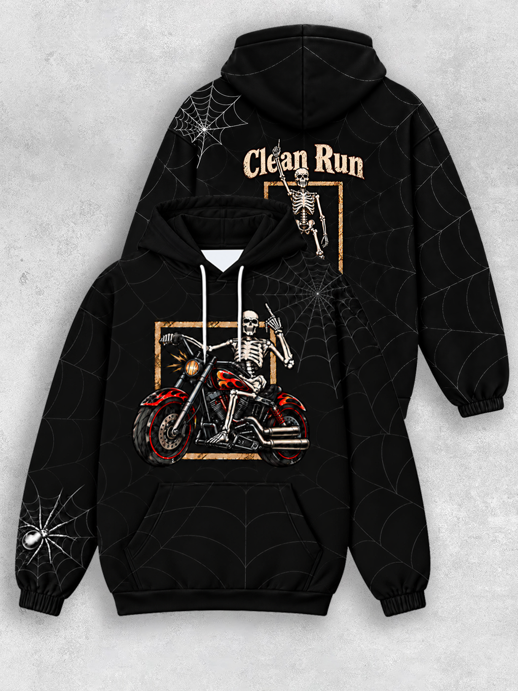 Grinram Skeleton Biker Spider Web All-Over Print Hoodie