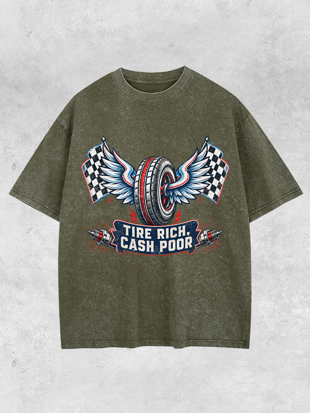 Grinram Tire Rich Cash Poor Winged Tire Race Flag Washed T-Shirt