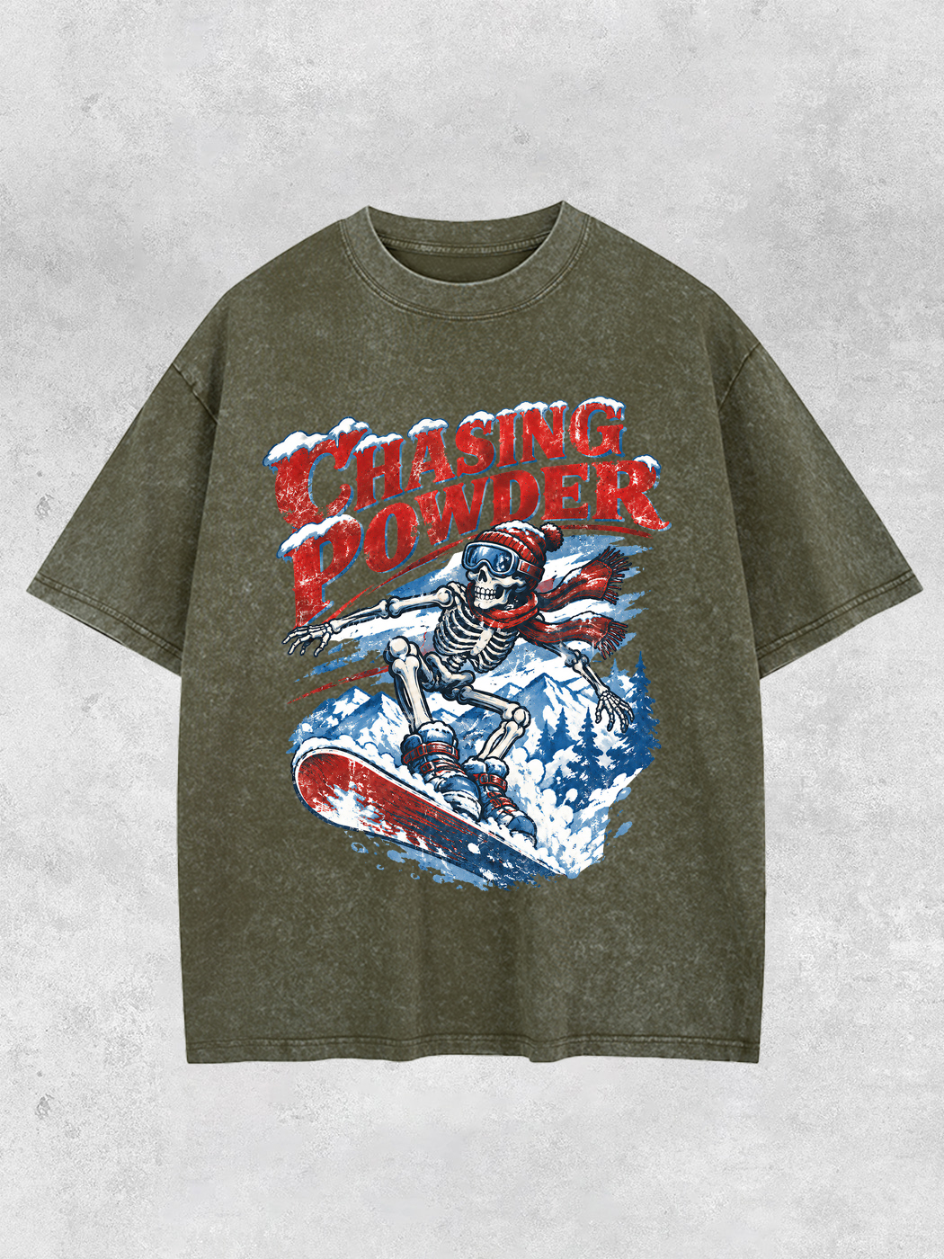 Grinram Chasing Powder Skull Snowborad Washed T-Shirt