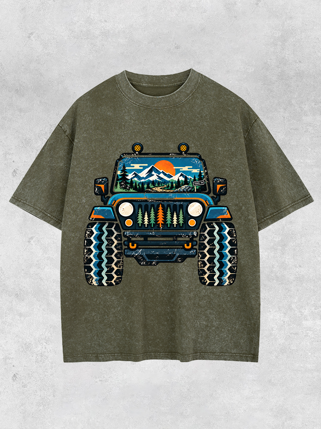 Grinram Jeep Mountain Forest Sunset Washed T-Shirt