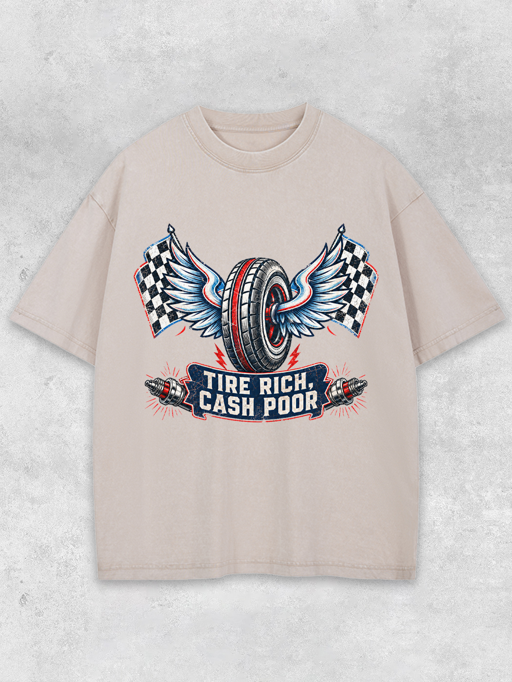 Grinram Tire Rich Cash Poor Winged Tire Race Flag Washed T-Shirt