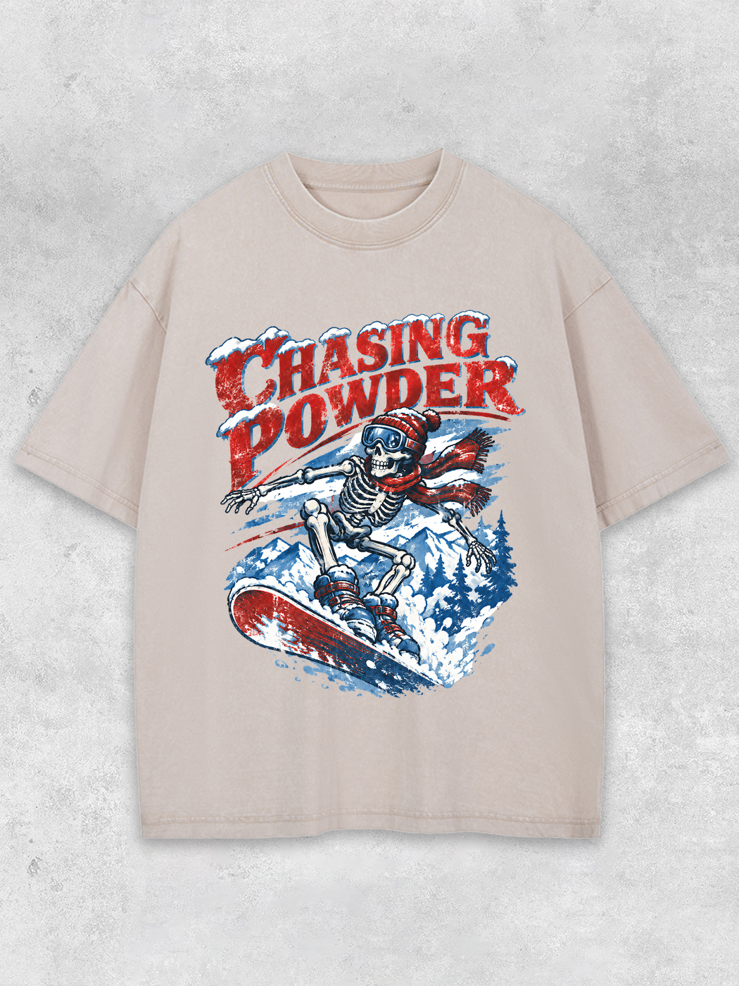 Grinram Chasing Powder Skull Snowborad Washed T-Shirt
